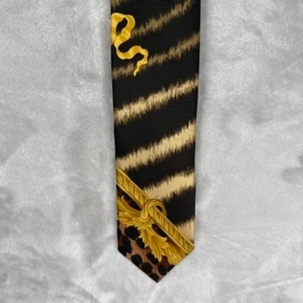 Vintage Versace‎ Mens Silk Tie Black Gold Baroque Zebra Leopard Print